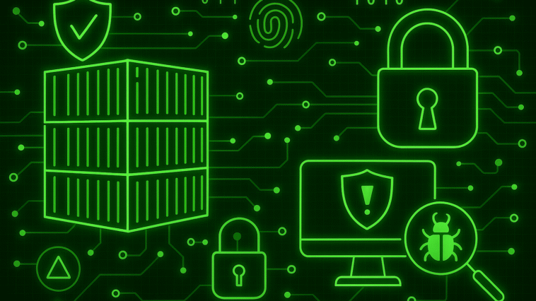 Neon green digital illustration showing secure container infrastructure, highlighting isolated containers, cloud systems, and secure deployment processes.