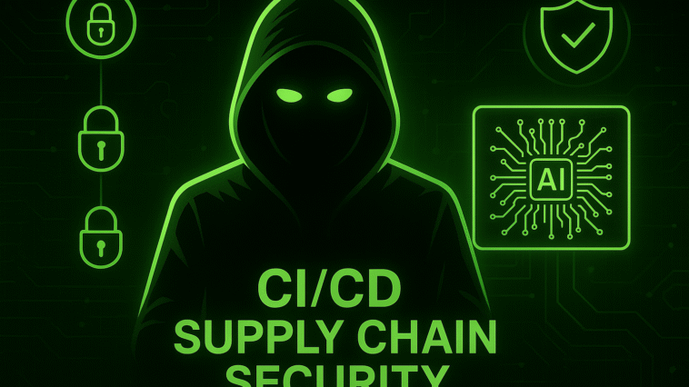 CI/CD Supply Chain Security concept illustrated in neon green, showing a hooded hacker silhouette against a dark circuit board background with padlocks, a shield icon, and an AI microchip. The image represents threats in the continuous integration and delivery (CI/CD) pipeline, emphasizing the need for security against malicious code, open-source vulnerabilities, and supply chain attacks.