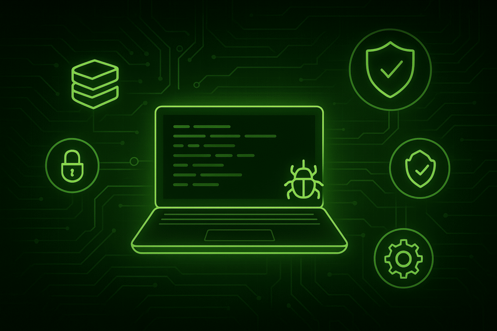 A neon green digital illustration showing a laptop with glowing code and a bug icon, symbolising CI/CD supply chain security risks. Surrounding icons depict locks, shields, and software stacks interconnected on a dark circuit board background, highlighting the need for secure third-party library management and vulnerability detection tools.