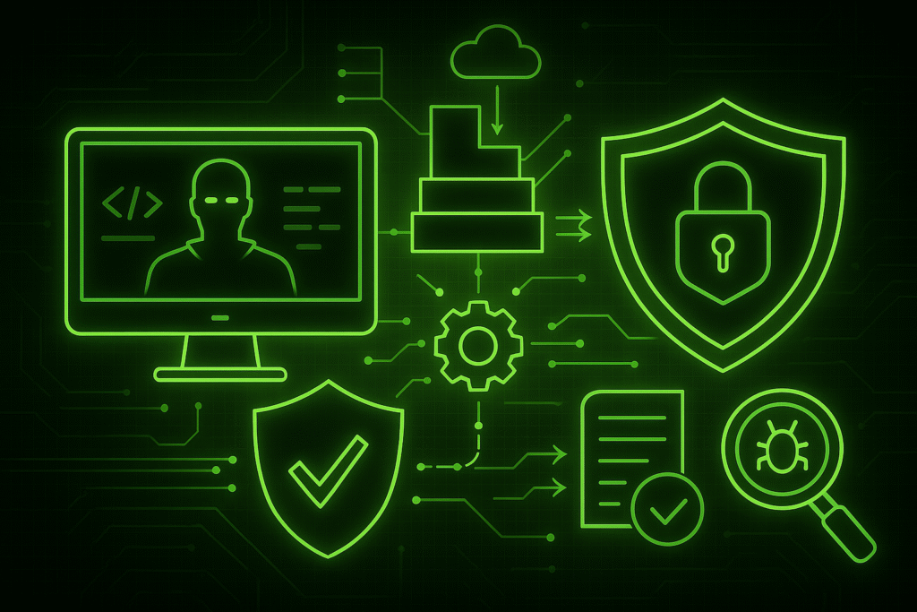 A neon green digital illustration showing a secure DevSecOps environment. It includes a glowing monitor with a developer figure, a layered CI/CD pipeline symbol, shields with padlocks and checkmarks, gear and document icons, and a magnifying glass highlighting a bug—symbolising CNAPP, automation, vulnerability scanning, and full-lifecycle software supply chain protection.