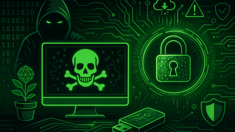 Ransomware Defence visual showing cloaked hacker, neon green padlock, and skull-and-crossbones warning on a computer screen, symbolising cyber threats and data breaches.