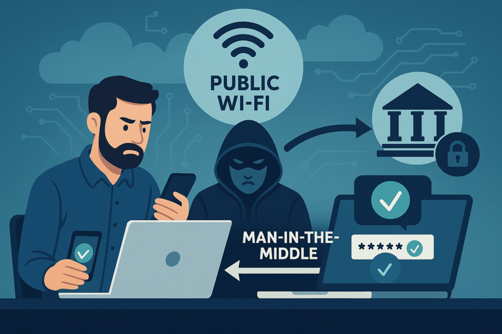 A digital illustration showing a man falling victim to a man-in-the-middle cyberattack while using public Wi-Fi. The scene highlights the hidden security risks remote workers pose to UK SMEs when accessing sensitive company data over unsecured hotspots—visually reinforcing the dangers outlined in the cybersecurity post.