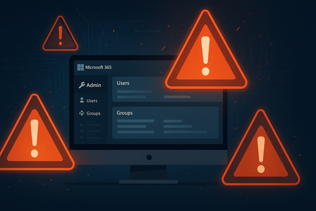 A digital illustration depicting Microsoft 365 security misconfigurations, showing symbolic admin controls and exposed entry points—highlighting SME cybersecurity risks.