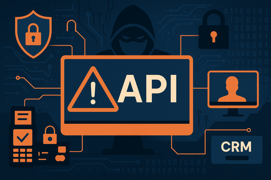 Cybersecurity-themed illustration showing APIs as vulnerable digital gateways, representing the increasing threats UK SMEs face in 2025 from unsecured third-party API endpoints used in payments and CRM systems.