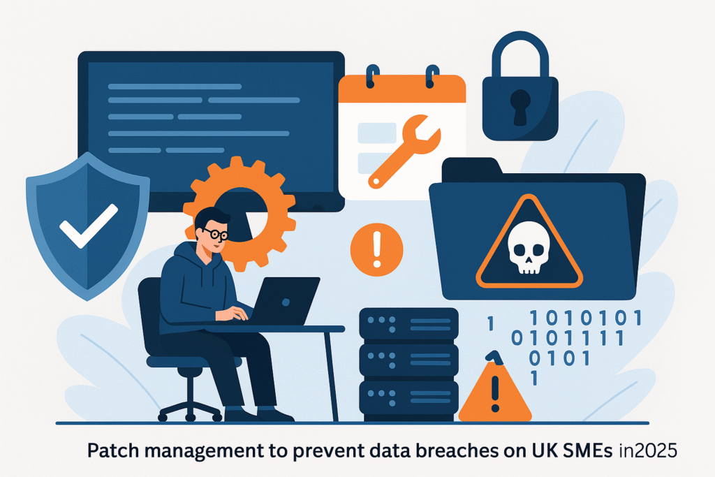 A digital illustration depicts a cybersecurity scenario involving unpatched software vulnerabilities. Various system components appear exposed, symbolising outdated or neglected patch management processes. The visual reflects the hidden risks UK SMEs face in 2025 by skipping timely updates.