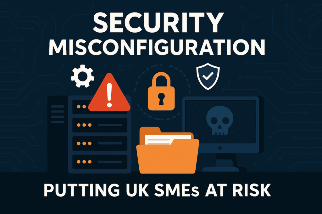 Digital illustration of a UK small business network with warning symbols and exposed configuration panels, representing security misconfiguration vulnerabilities leading to data breaches in 2025.