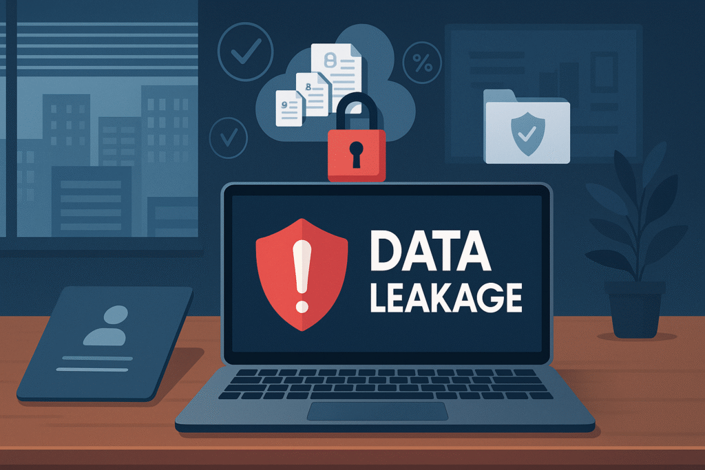 Cybersecurity illustration showing data leakage risks for UK SMEs in 2025, with digital files escaping a secured system to depict the need for Data Loss Prevention (DLP).