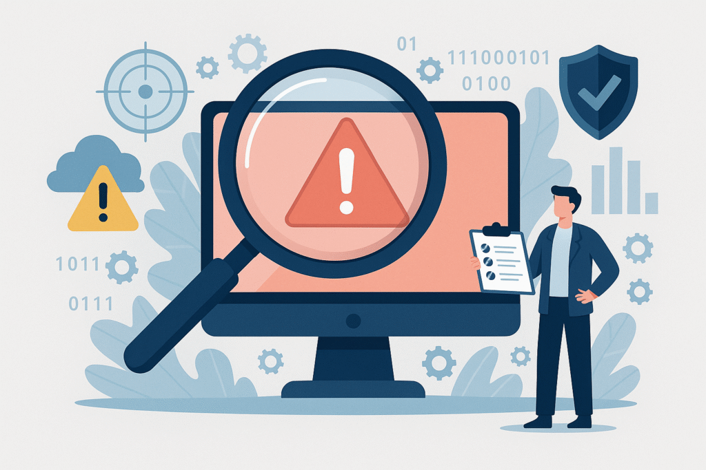 Digital illustration showing a cybersecurity analyst conducting a vulnerability scan on UK SME infrastructure, highlighting weak points before cyberattacks occur.