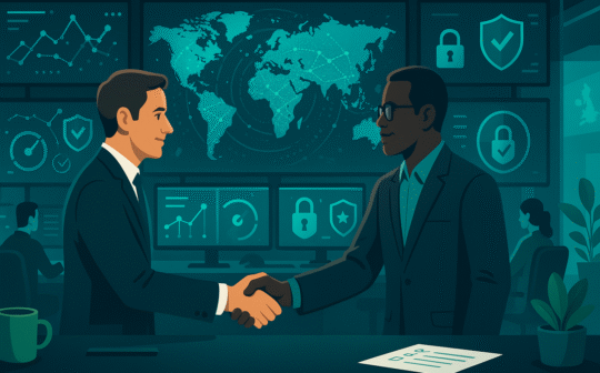 Wide 16:9 cyber-themed illustration showing two business leaders shaking hands in a modern security operations centre. A wall of monitors displays glowing global threat maps, network graphs, padlock and shield icons, and audit-style check symbols; analysts work at desks in the background; plants and a coffee cup sit on the table. No words. The scene represents evaluating and selecting trusted cyber security consultancy services for business leaders.