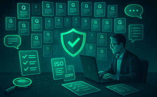 High-quality 16:9 cyber illustration of a cybersecurity consultant at a desk with multiple glowing green holograms: shield icon, checklists, compliance documents, question cards, chat bubbles, and a magnifying glass. The scene visually represents an FAQ-style review of qualifications, red flags, compliance (ISO/GDPR), costs, and engagement models UK businesses ask a cyber security consultant before hiring