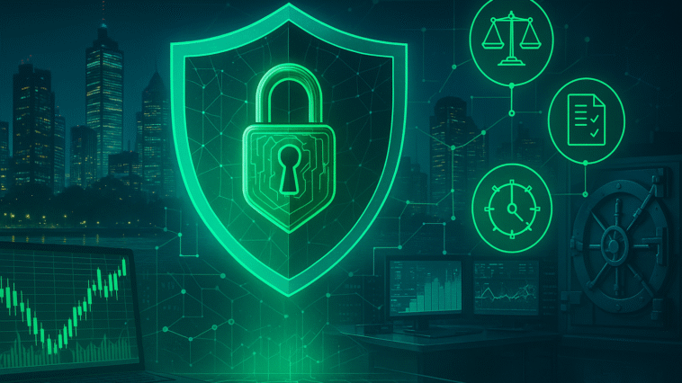 Wide 16:9 digital illustration showing a cyber compliance consultant concept for investment firms, with glowing data streams, financial skyscrapers, and a shielded lock symbolising secure compliance with regulations like DORA, FCA, and NIS2 in 2025.