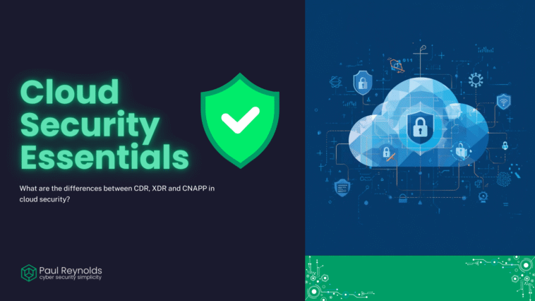 Featured image showing what are the differences between CDR, XDR, and CNAPP in cloud security with shield icon and secure cloud visualization