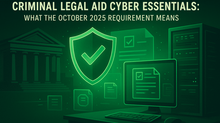 A digital illustration showing a secure law firm environment protected by advanced cybersecurity systems, representing the Criminal Legal Aid Cyber Essentials 2025 certification requirements for UK legal practices.